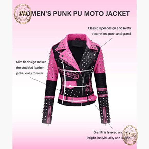 Faux Leather Moto Jacket with Studded Rivets, Belted Hip-Length Streetwear - Picture 5 of 7